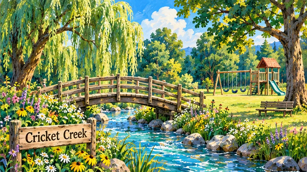 A wooden footbridge arching over Cricket Creek in a quiet park.