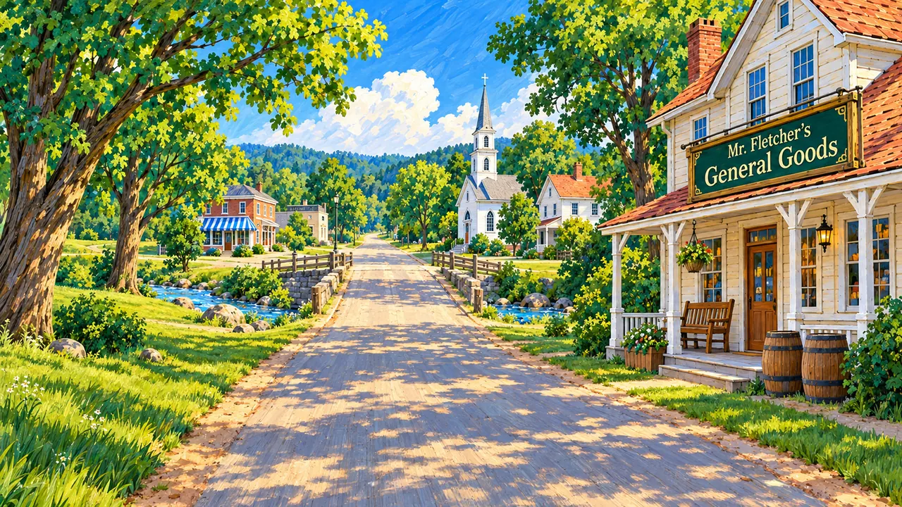 A sunny painted view east along Cricket Creek's main road: Mr. Fletcher's General Goods on the right, a road bridge ahead, the white church beyond it on the right, and shops on the left among leafy trees.