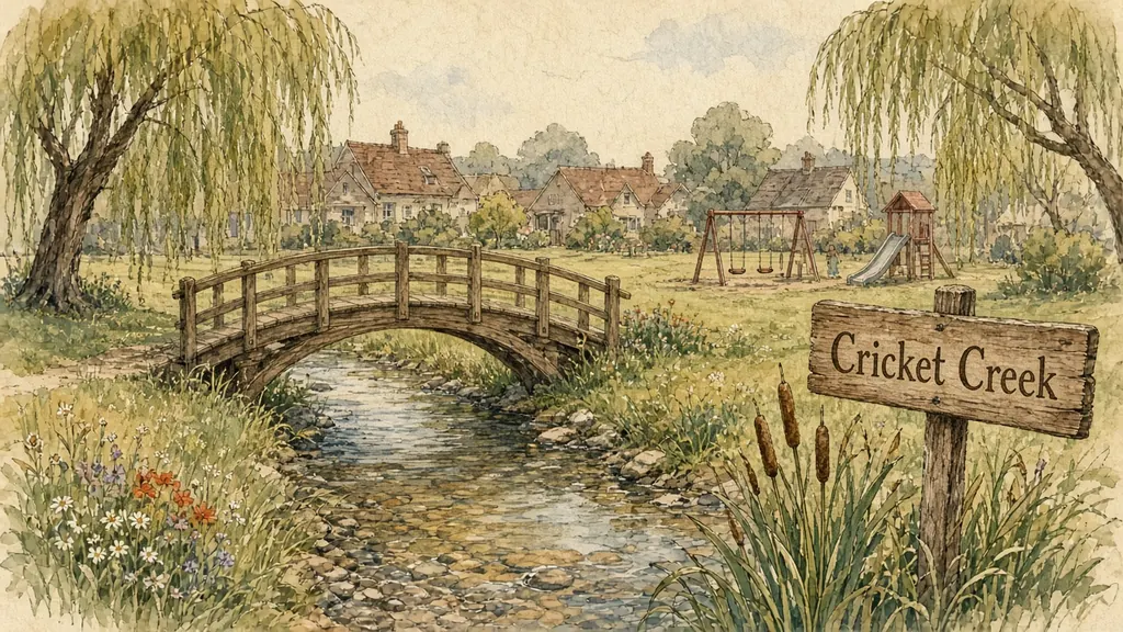 A wooden footbridge arching over Cricket Creek in a grassy park, with a sign reading Cricket Creek, willows, wildflowers and a playground beyond.
