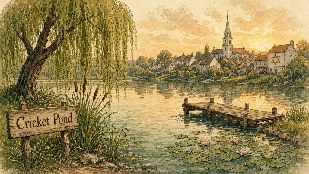 Cricket Pond at golden hour: a wooden sign reading Cricket Pond, a little dock and rowboat, lily pads, cattails and a weeping willow, with rooftops and a steeple across the water.