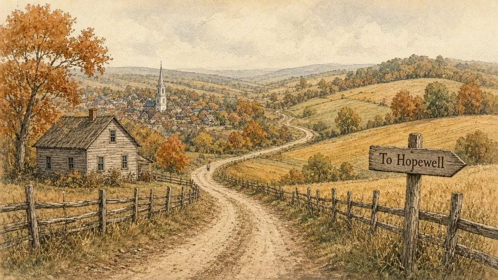 A dirt road winding out of town into rolling autumn hills past split-rail fences and a weathered farmhouse, with a wooden arrow sign reading To Hopewell.